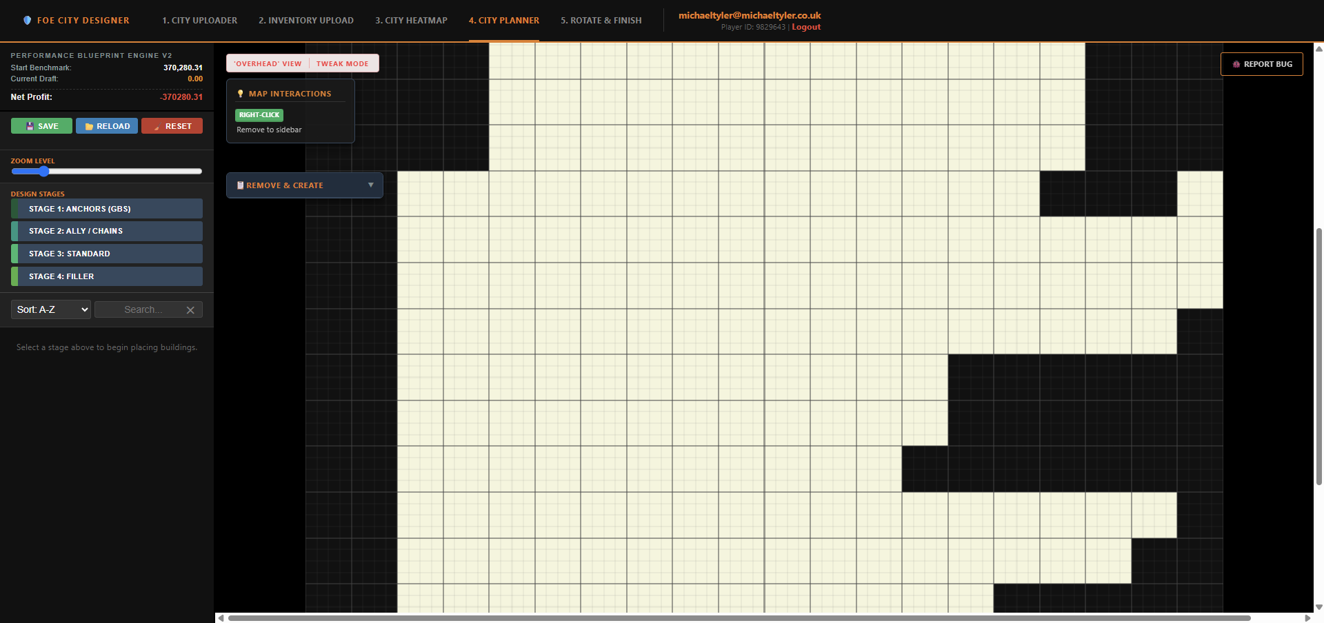 Empty city planner canvas ready for a fresh ground-up design, with the four build stages listed and no buildings placed