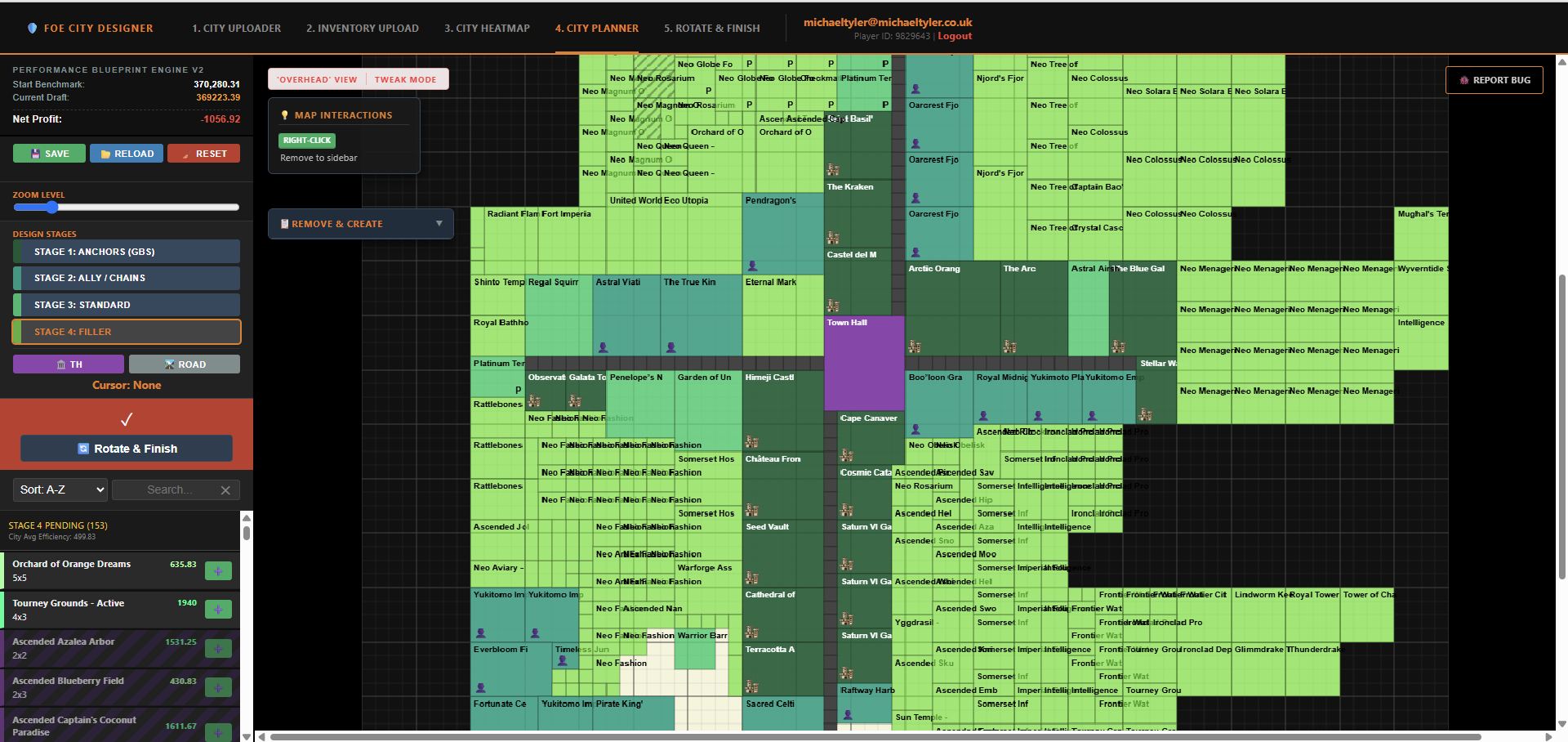 Tweak mode showing the full existing city intact, with a queue of pending Stage 4 replacement buildings in the sidebar